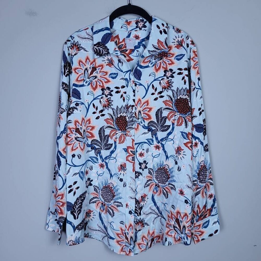 Chicos Womens Satin Paisley Button Front Shirt Size Large Blue Vibrant Artsy